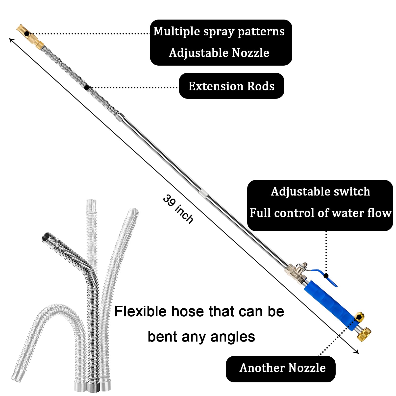 Hbaushun brass connector and aluminum wand construction resists rust and corrosion.