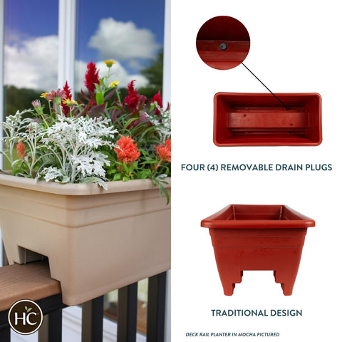 Close-up of removable drain plugs on the deck rail planter
