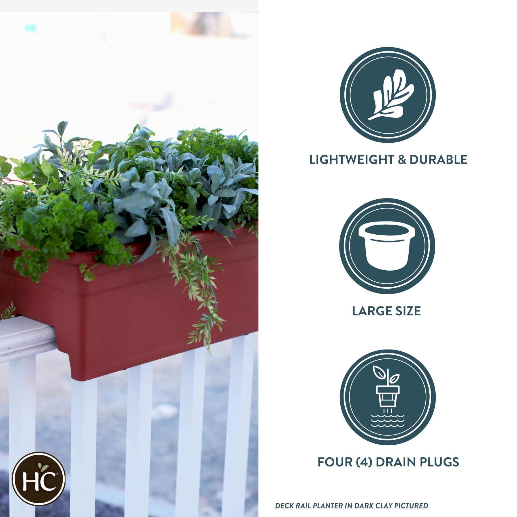 Outdoor garden setup featuring the deck rail planter on a patio
