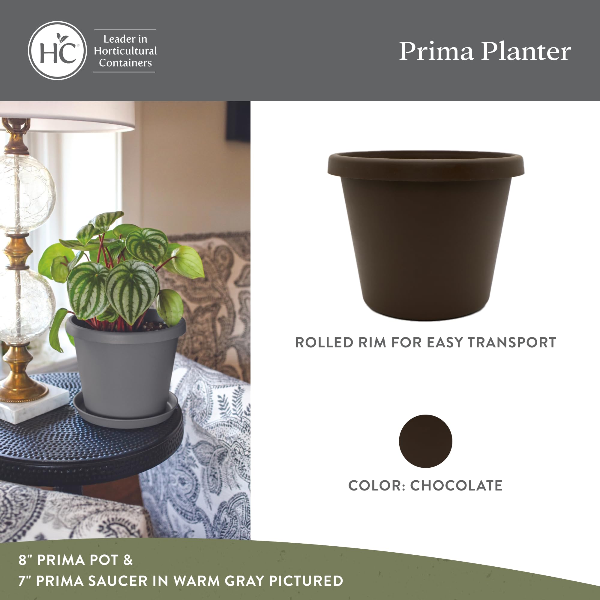 HC Companies Prima round planter with rolled rim adds classic style for indoor or outdoor setups.
