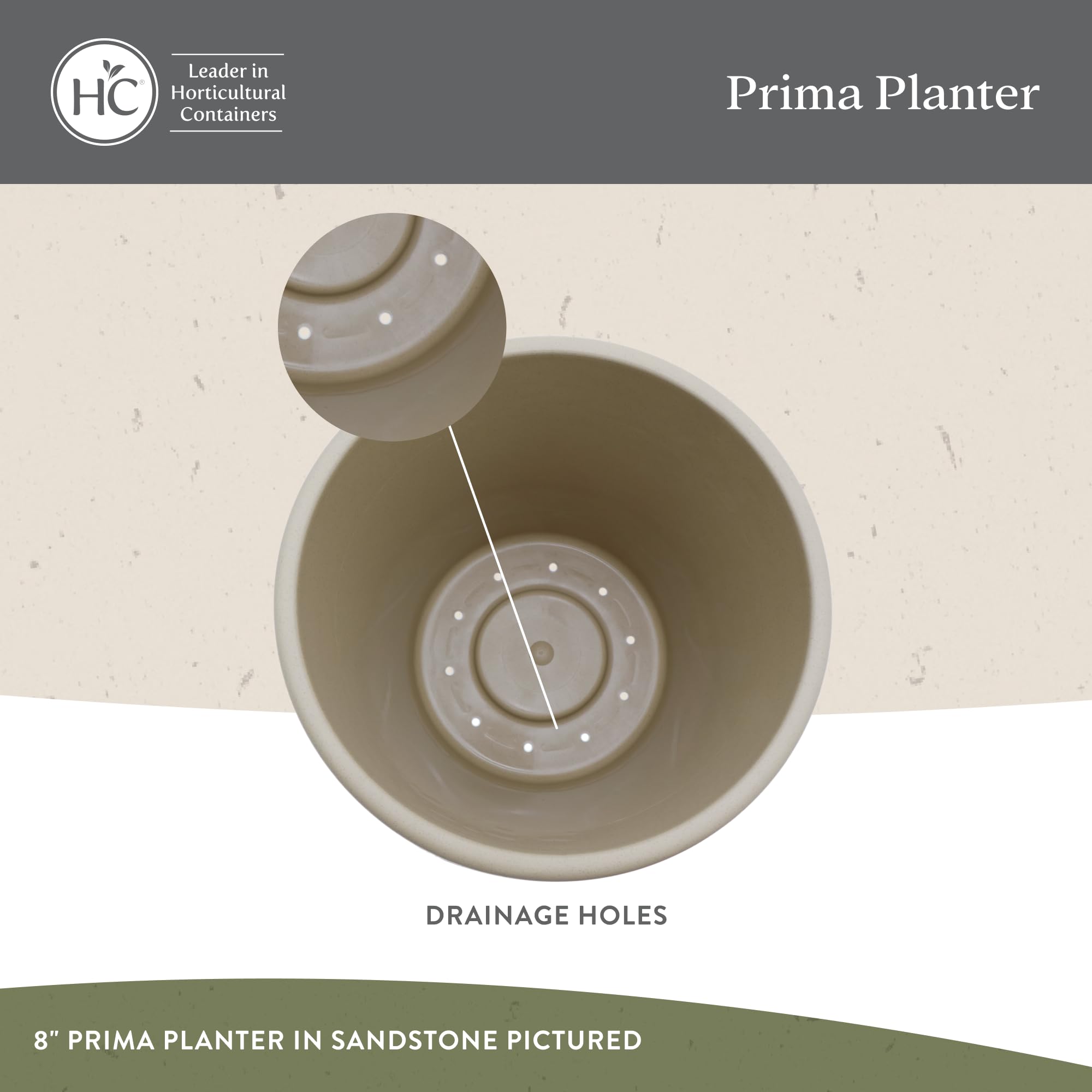 The HC Companies Prima planter is made from UV-resistant plastic for sun exposure resilience.