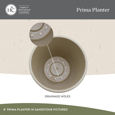 The HC Companies Prima planter is made from UV-resistant plastic for sun exposure resilience.