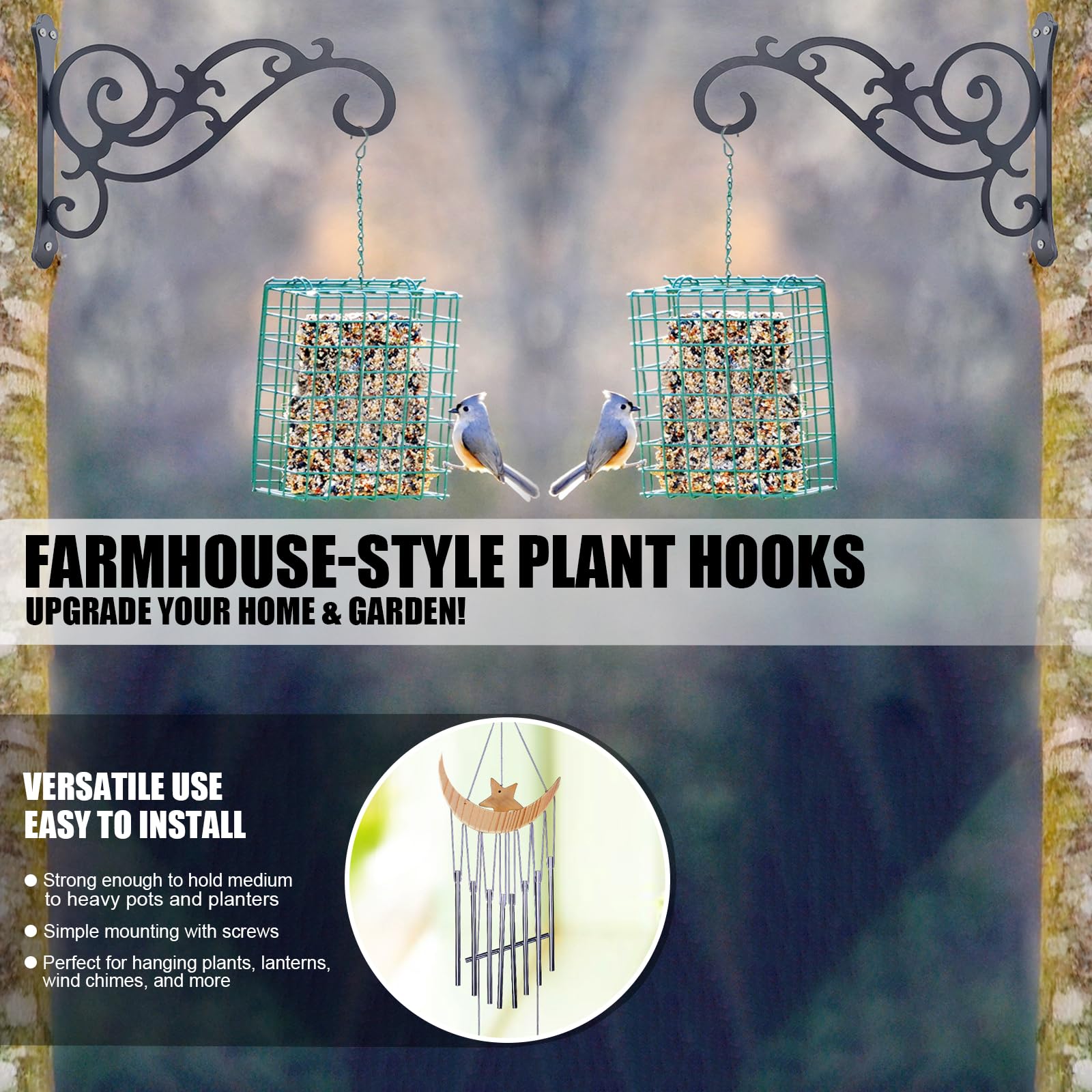 HCDHAKN black iron planter hook, versatile wall mount for wind chimes and feeders.