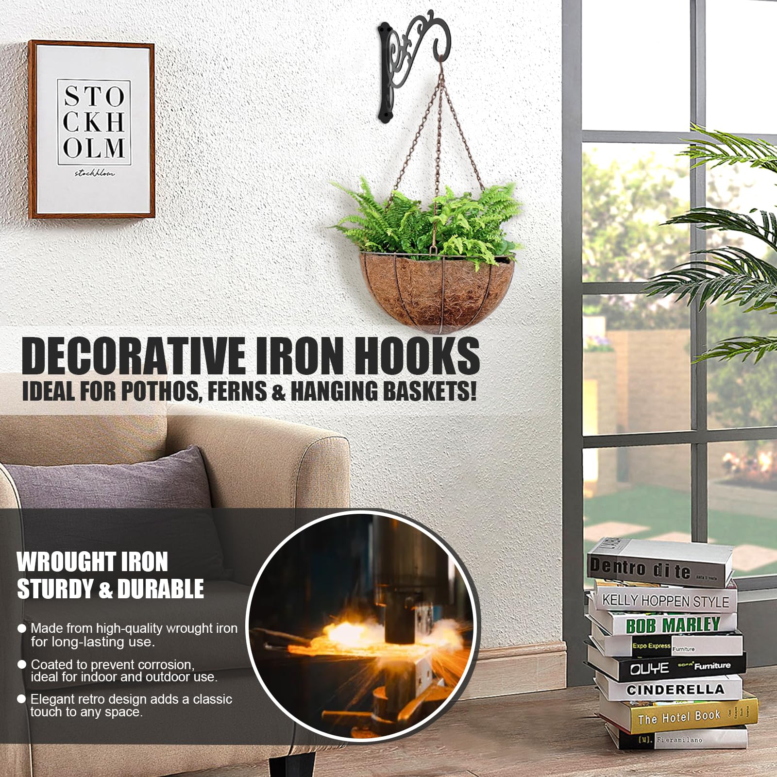 HCDHAKN wall-mount iron bracket, heavy duty support for garden décor and lanterns.