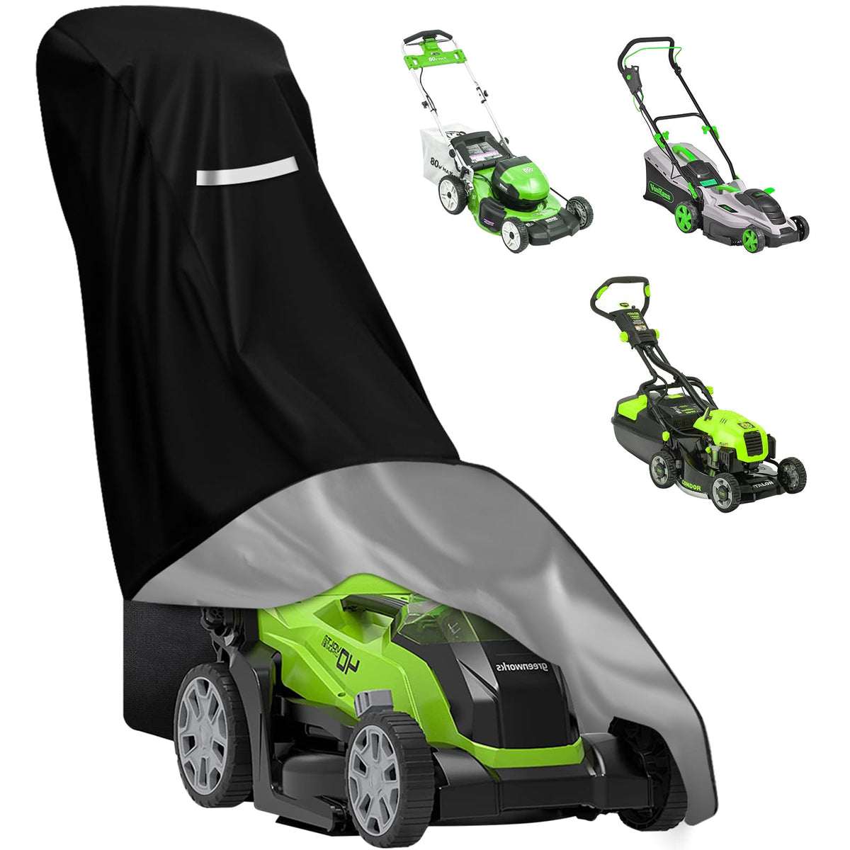 HCFGS lawnmower cover with heavy-duty 420D Oxford fabric protects from rain and sun.