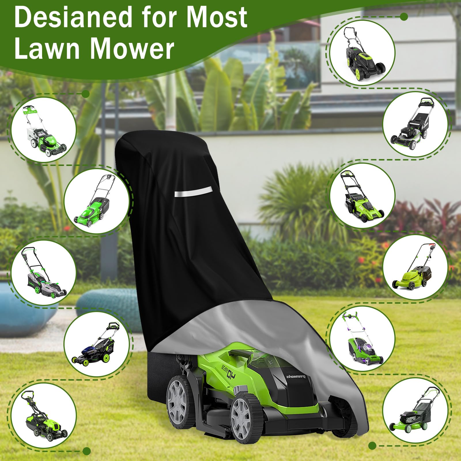Waterproof coating protects mower from rain, snow, and dust.