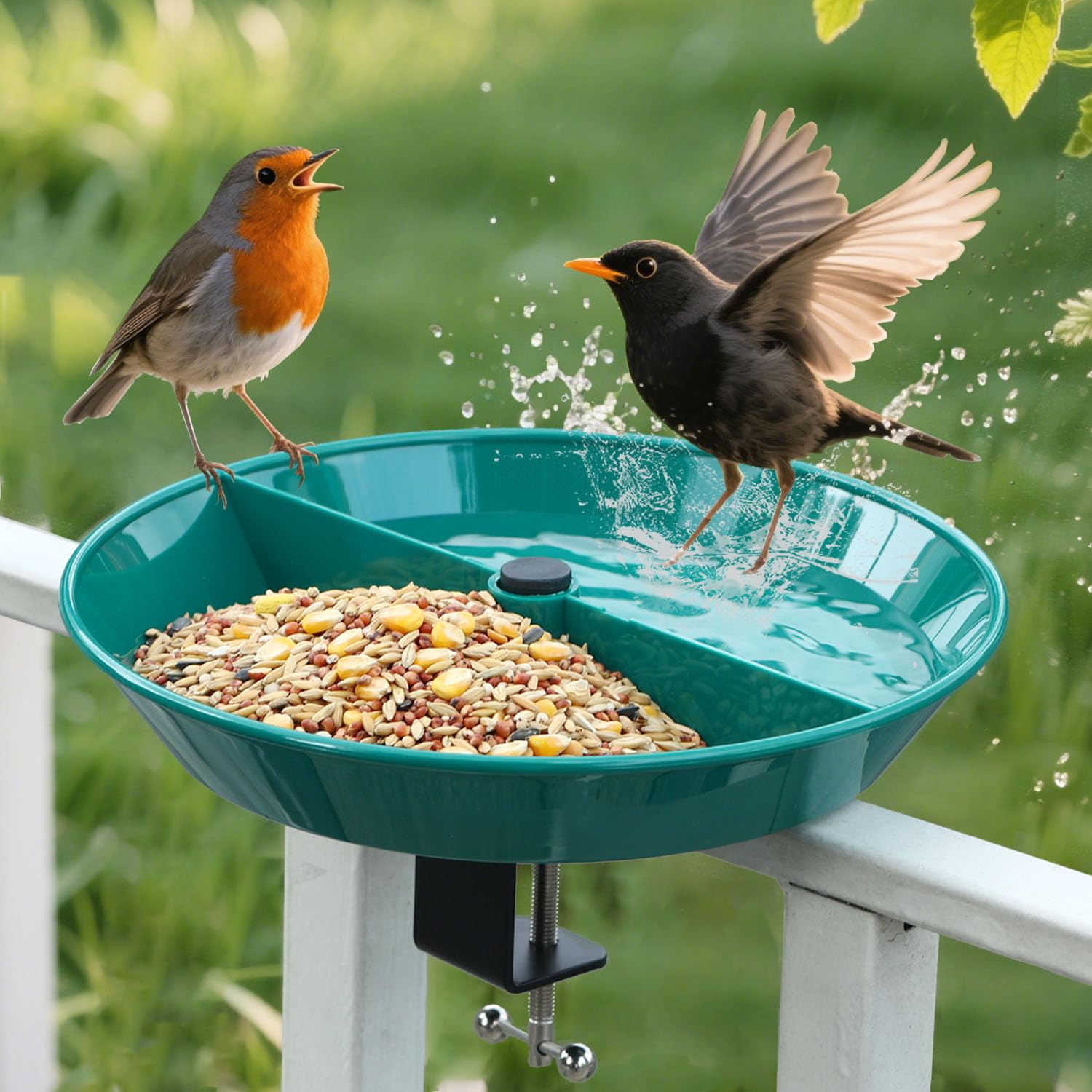 HCGADON deck bird bath with rail clamp for easy railing attachment.