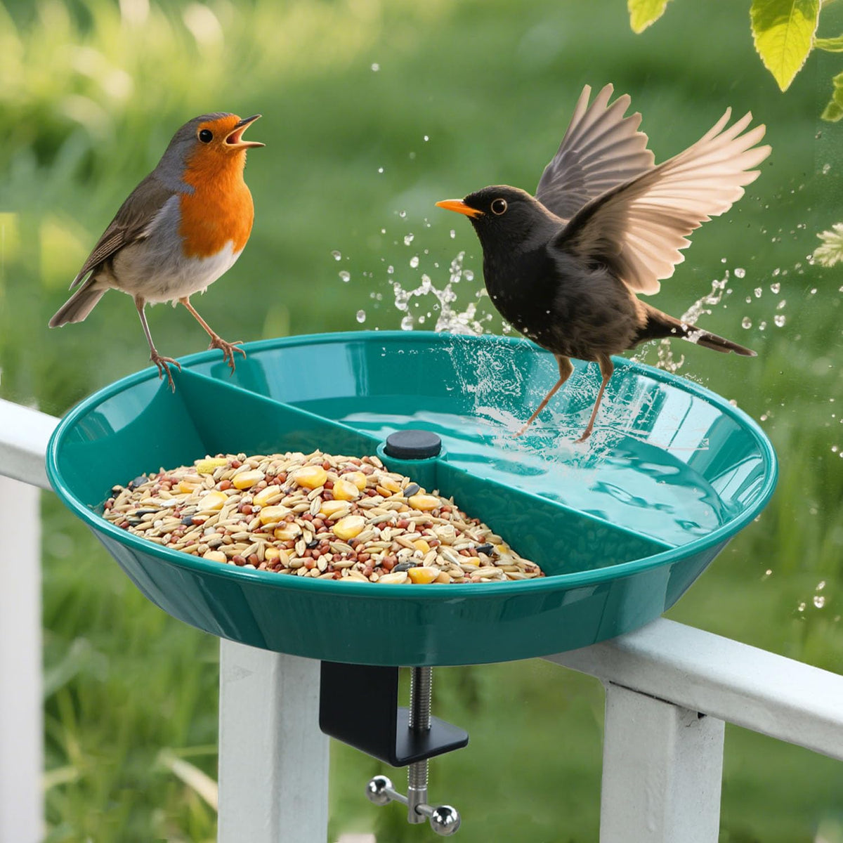 HCGADON deck bird bath with rail clamp for easy railing attachment.
