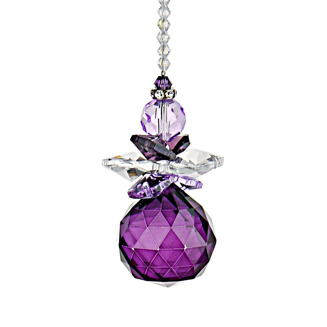 H&D HYALINE DORA Hanging Crystal Angel Suncatcher purple front view catching sunlight and rainbow colors for windows.