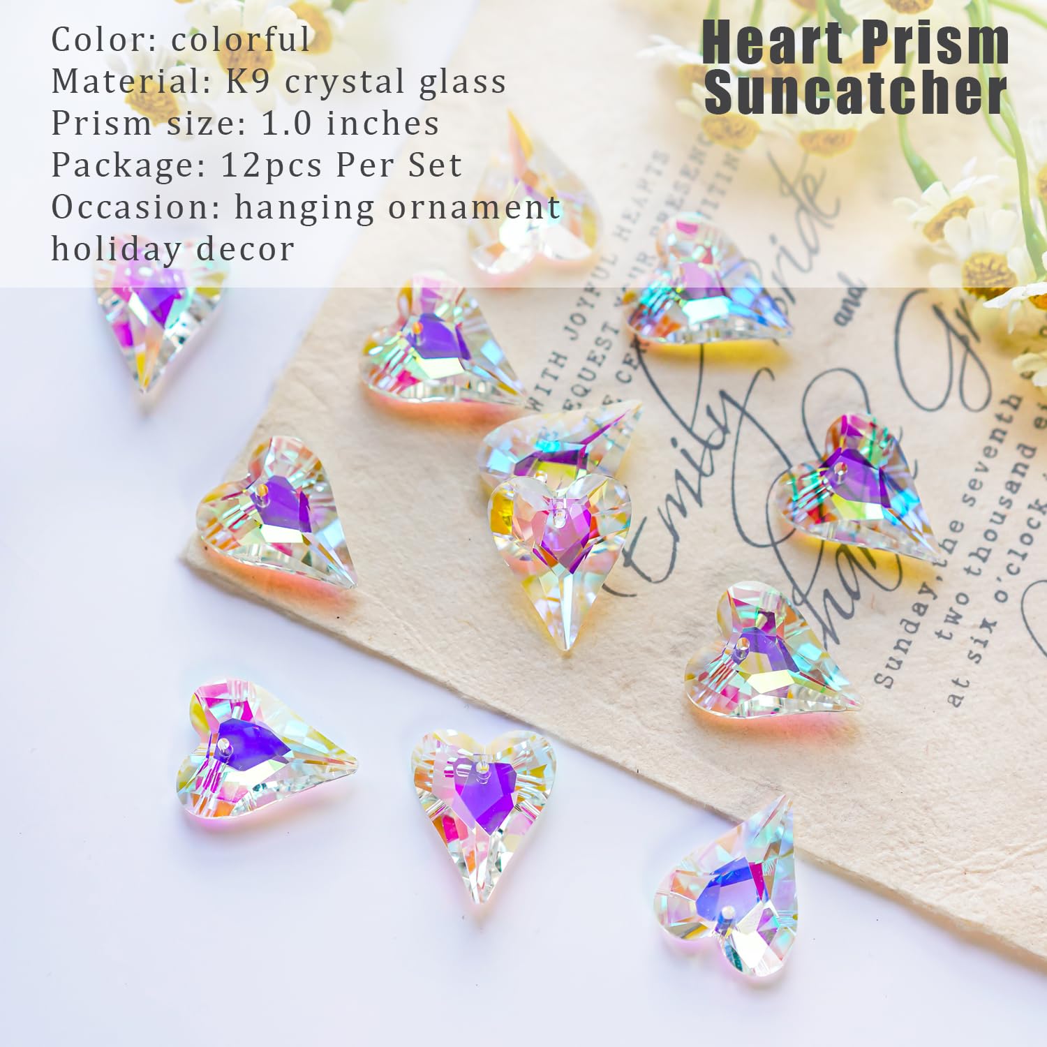 HD Hyaline Dora AB-coated heart prism pendant adds color to windows for vibrant light displays.