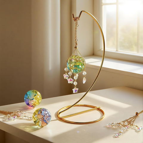 Colorful crystal balls displayed as a graceful window or garden accent