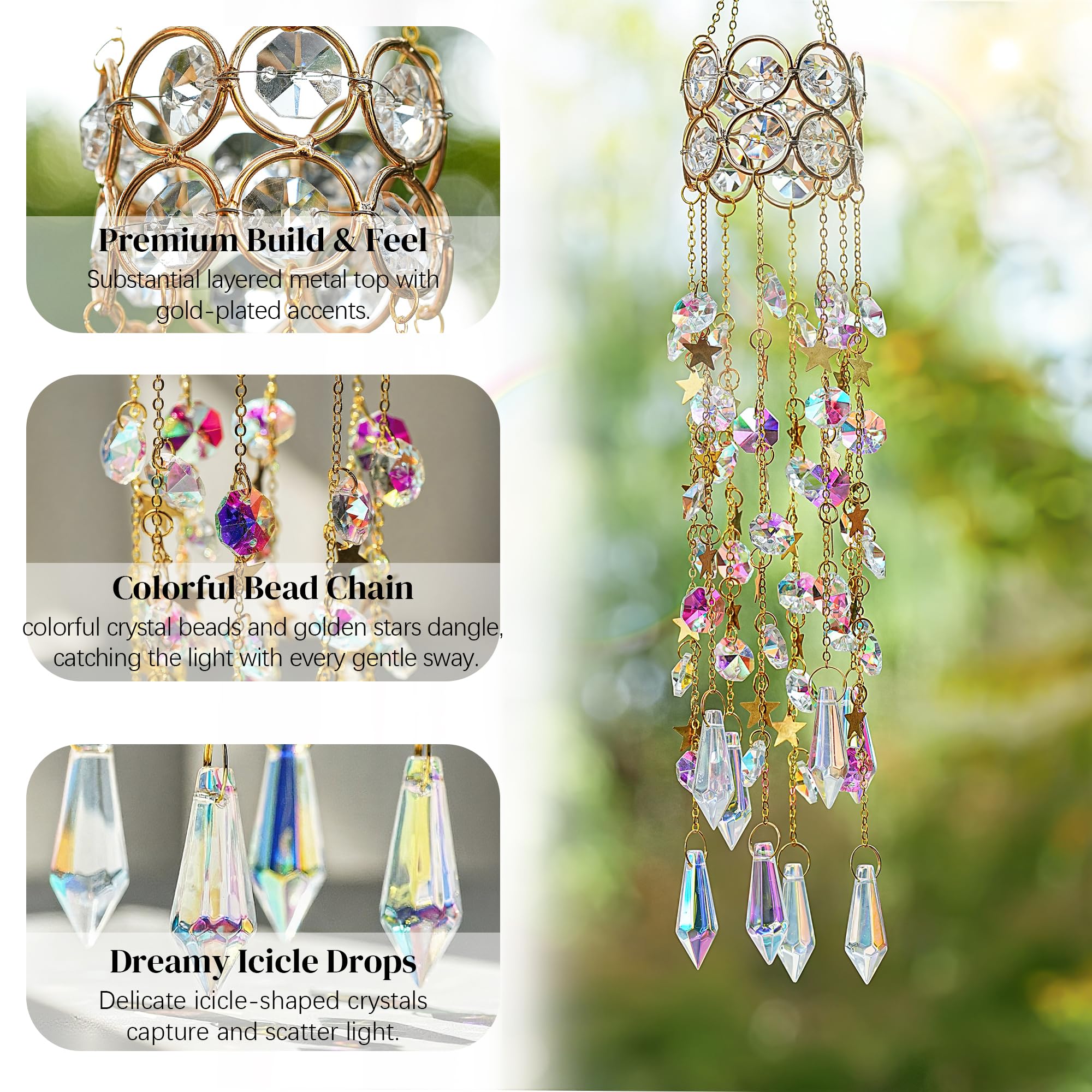 Icicle drop garlands swaying gently from the crystal suncatcher