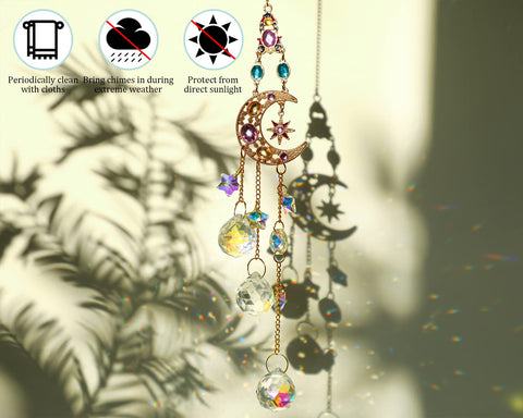 H&D Hyaline & Dora moon-star prism suncatcher reflects colorful light in gardens.