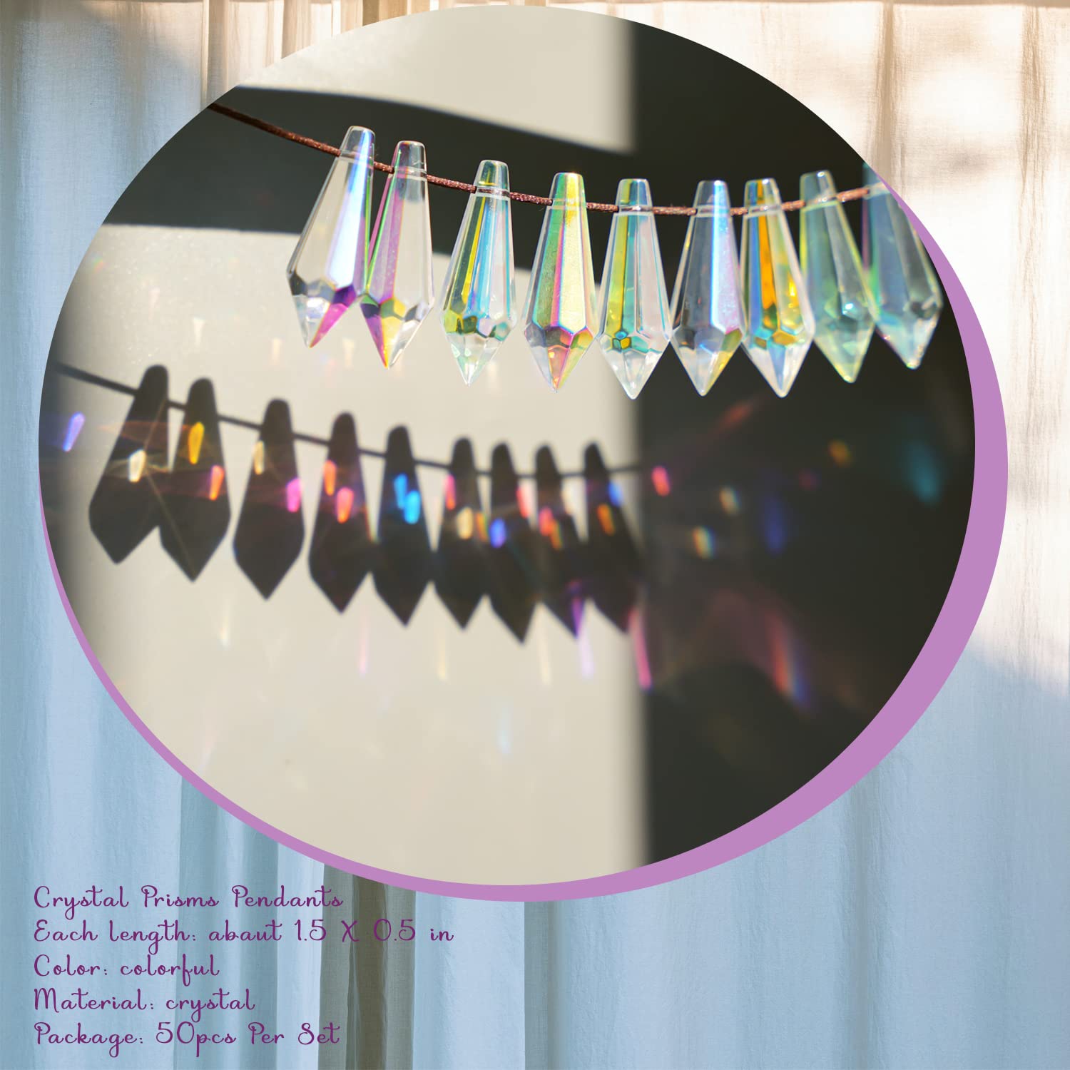 H&D Hyaline & Dora 38mm crystal prismatic pendants brighten curtains with rainbows.