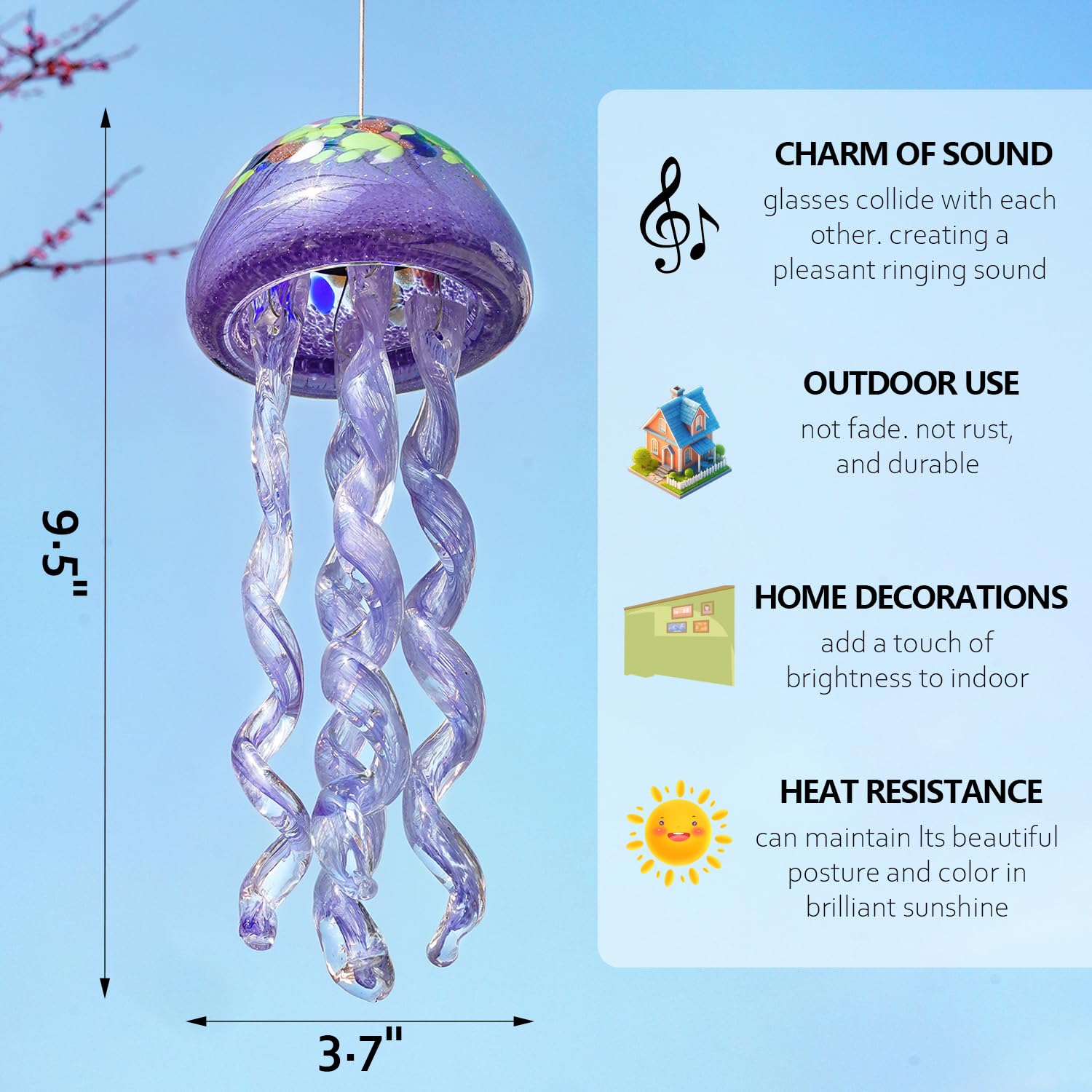 H&D Hyaline and Dora glass wind chime produces gentle sounds in a light breeze.