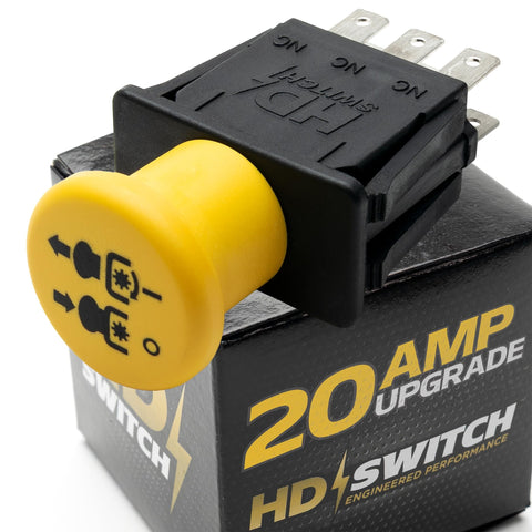 HD Switch 20A PTO switch on Exmark mower panel, rugged for demanding mowing tasks.