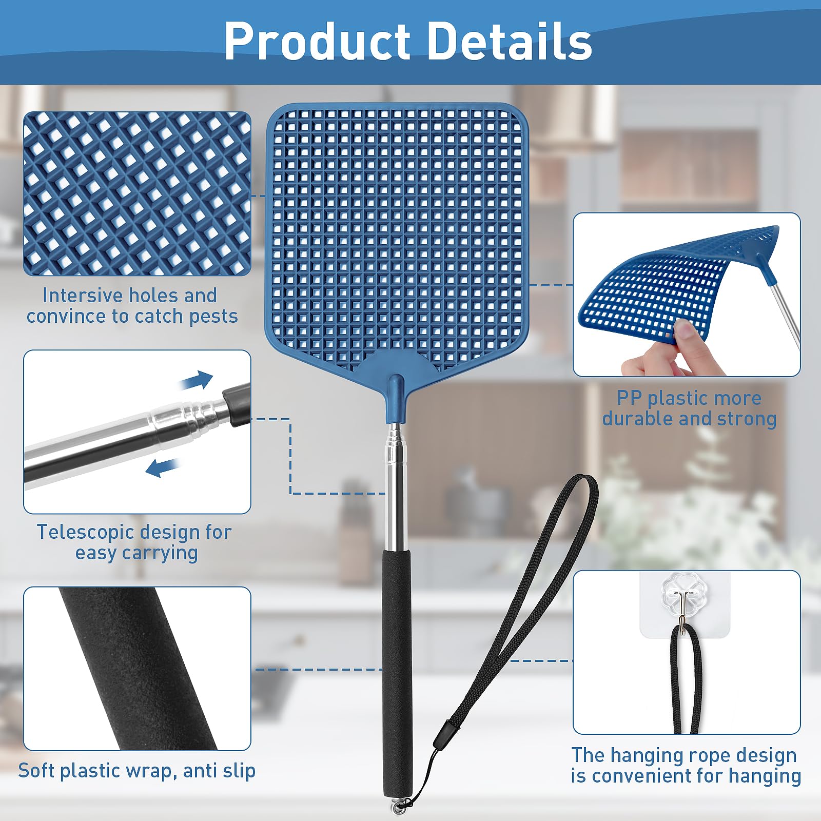 HDAJY extendable pole fly swatter with stainless steel handle for durability.