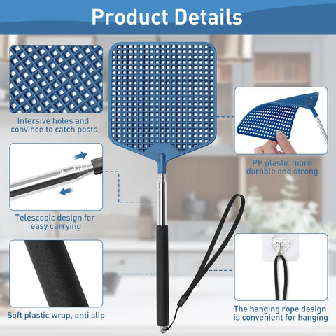 HDAJY extendable pole fly swatter with stainless steel handle for durability.