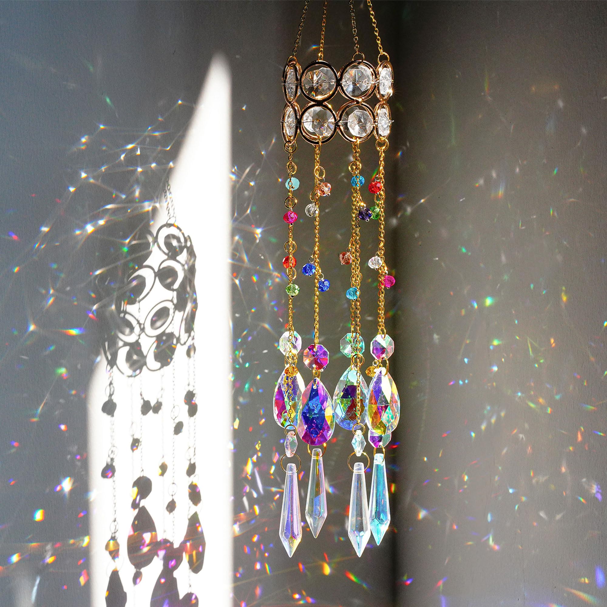 HDCRYSTALGIFTS 14.5-inch crystal suncatcher with beads creating rainbows in sunlight