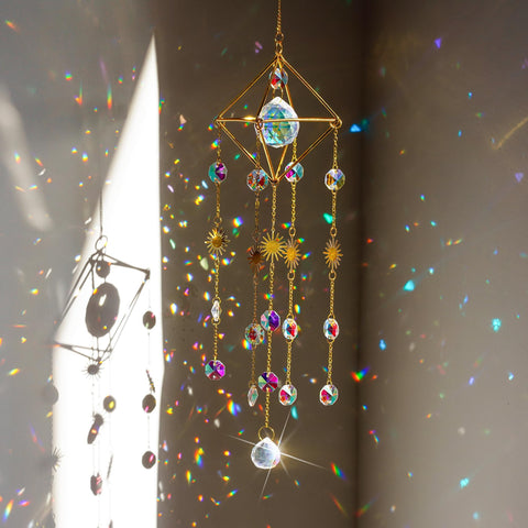 HDCRYSTALGIFTS 17inch crystal prisms suncatcher casting vivid rainbows in sunlight.