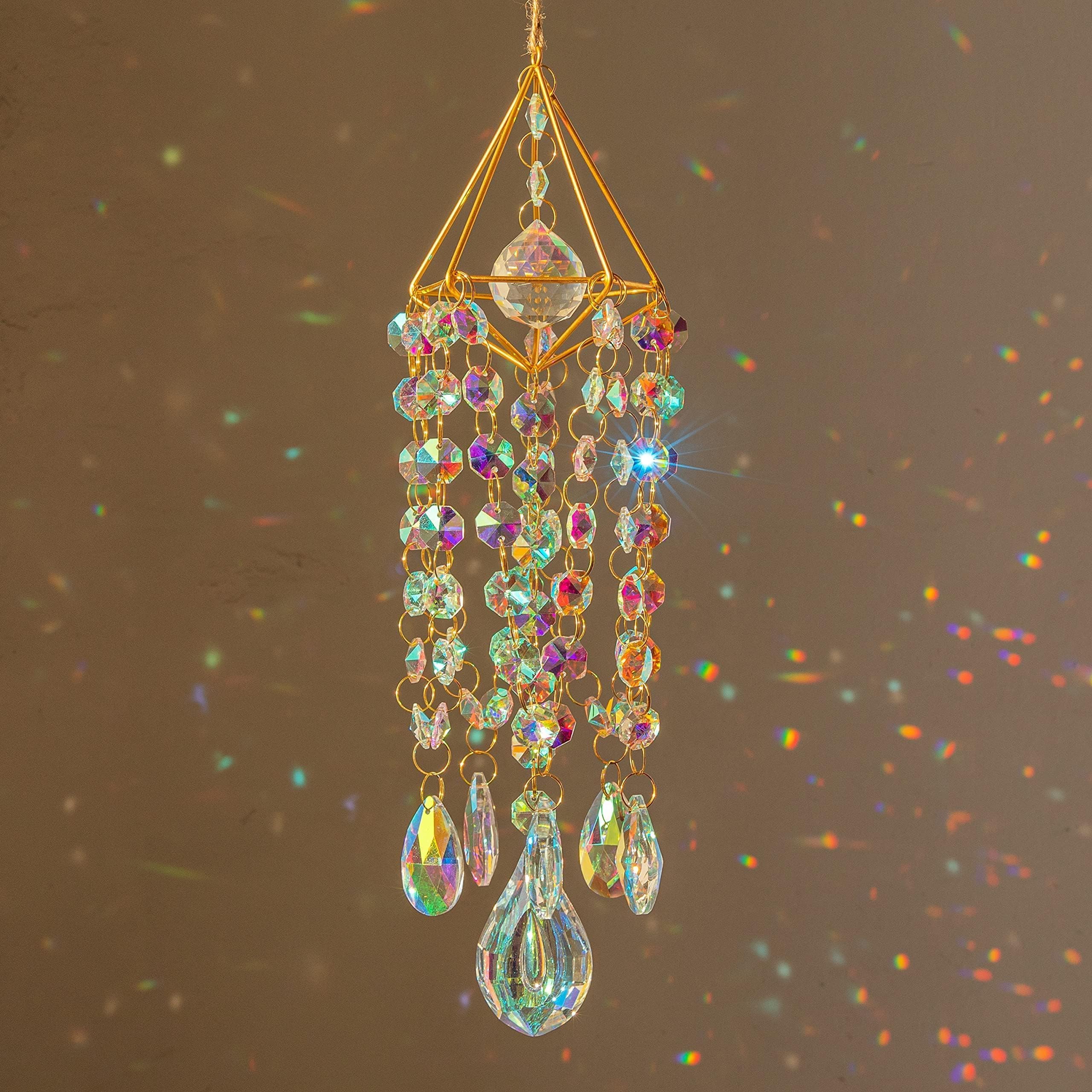 HDCRYSTALGIFTS crystal suncatchers with clear prisms in a gold-plated finish catch sunlight beautifully