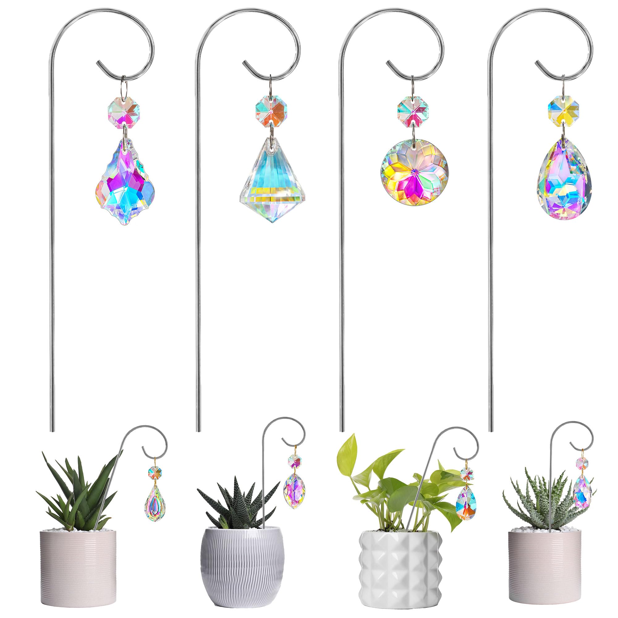 HDCRYSTALGIFTS set 4 trellis prisms on silver stake for mini pots catching sunlight