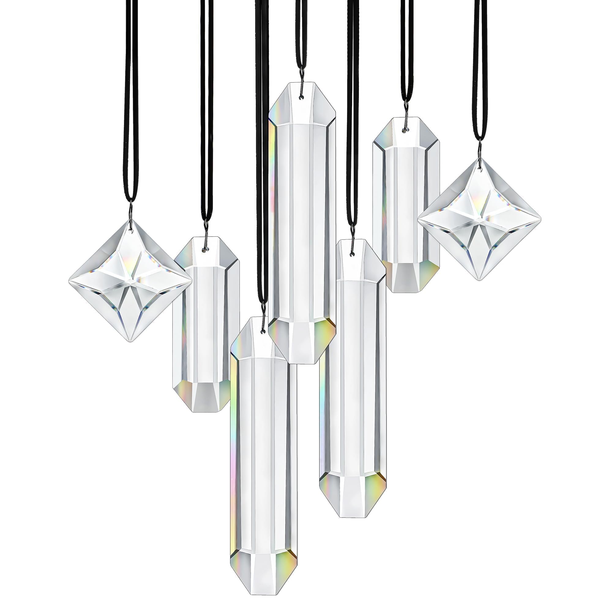HDCRYSTALGIFTS Set 7 clear crystal prism sun catcher in a sunlit window creating rainbow display