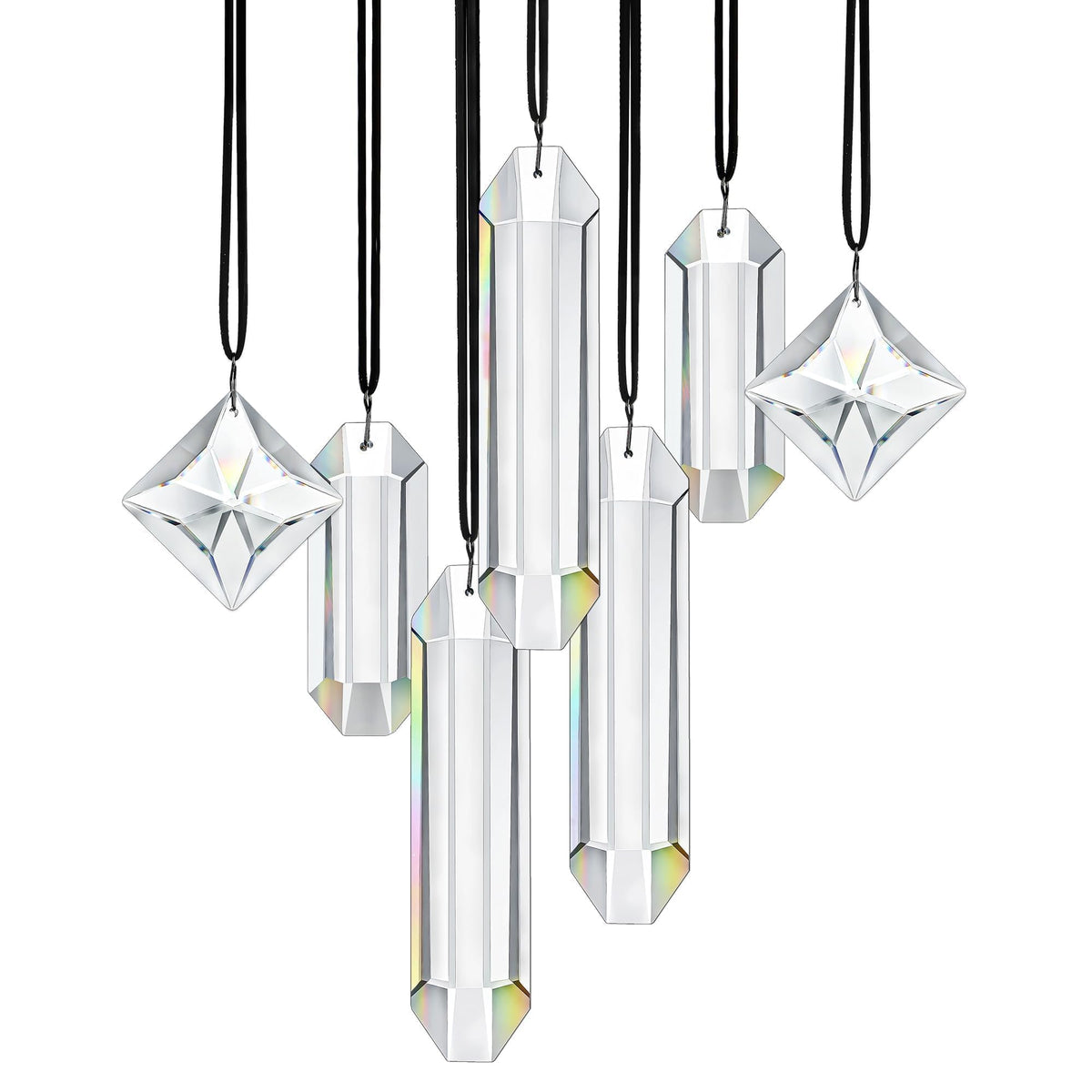 HDCRYSTALGIFTS Set 7 clear crystal prism sun catcher in a sunlit window creating rainbow display