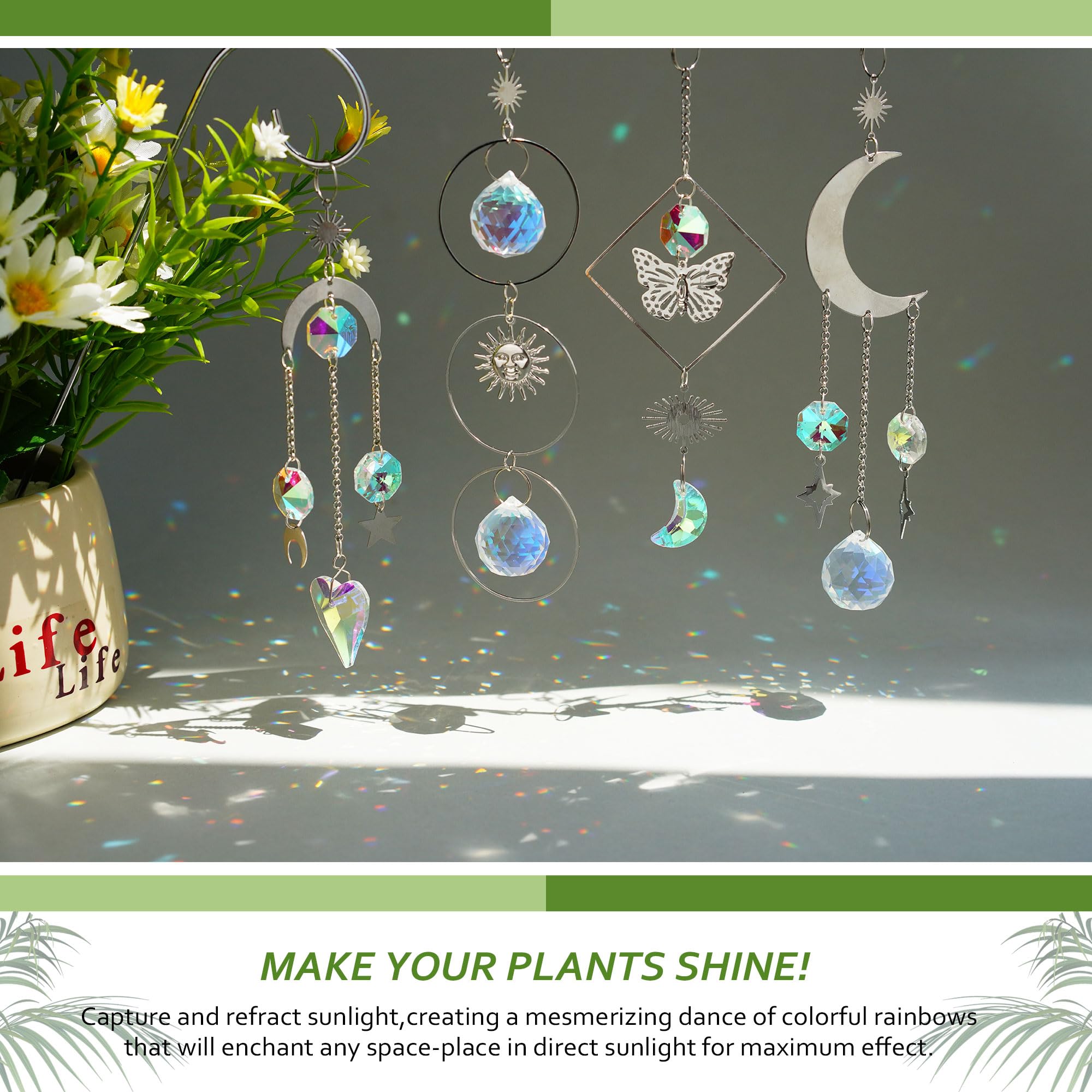 HDCRYSTALGIFTS crystal suncatcher catching sunlight to create rainbow beams.