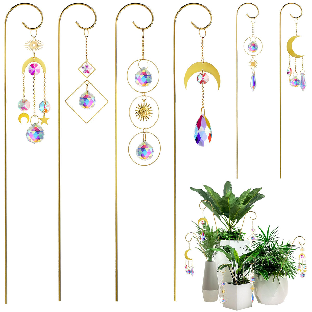 HDCRYSTALGIFTS suncatcher on a golden stake with crystal beads reflecting indoors