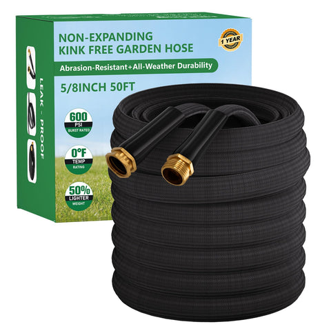 HDKing 50ft garden hose unrolled for efficient watering and cleaning.