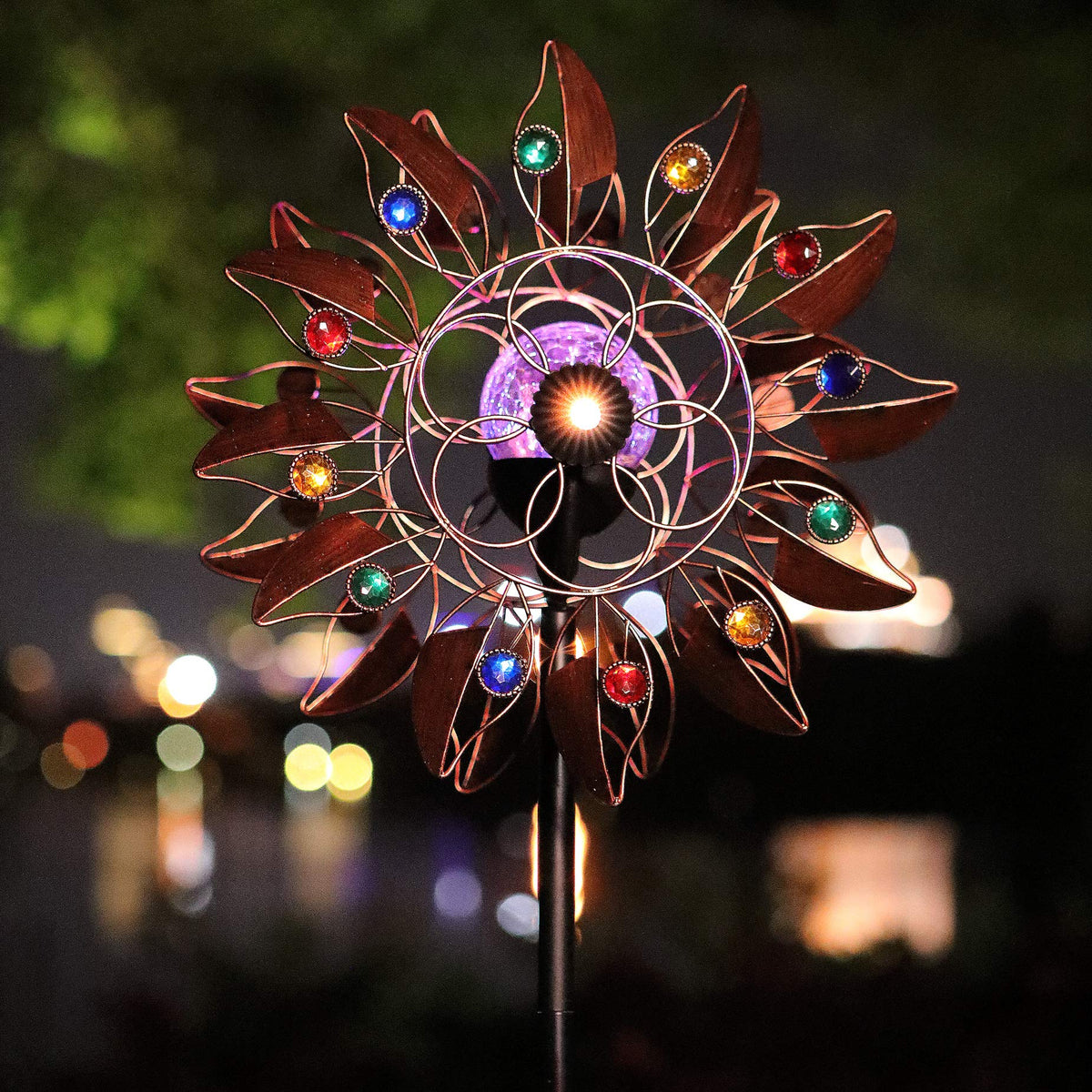 HDNICEZM solar wind spinner with LED glass ball for day and night curb appeal.