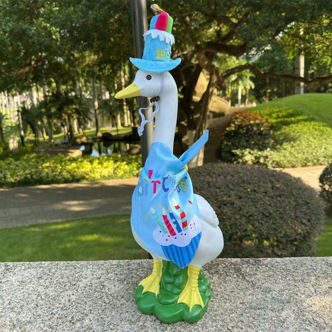 HDOOMN large resin goose with birthday costume, perfect for festive yard decor.