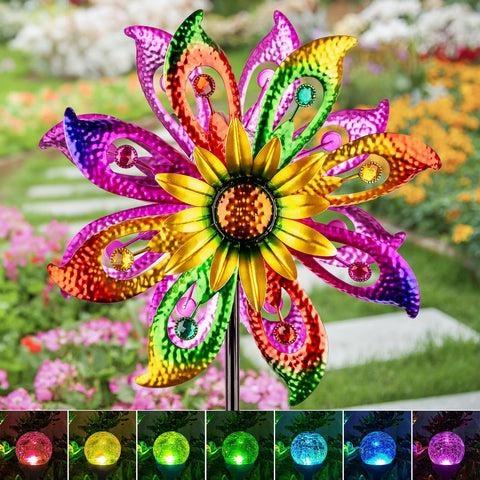 HDUAN IDT solar wind spinner with globe light provides ambient night garden illumination.
