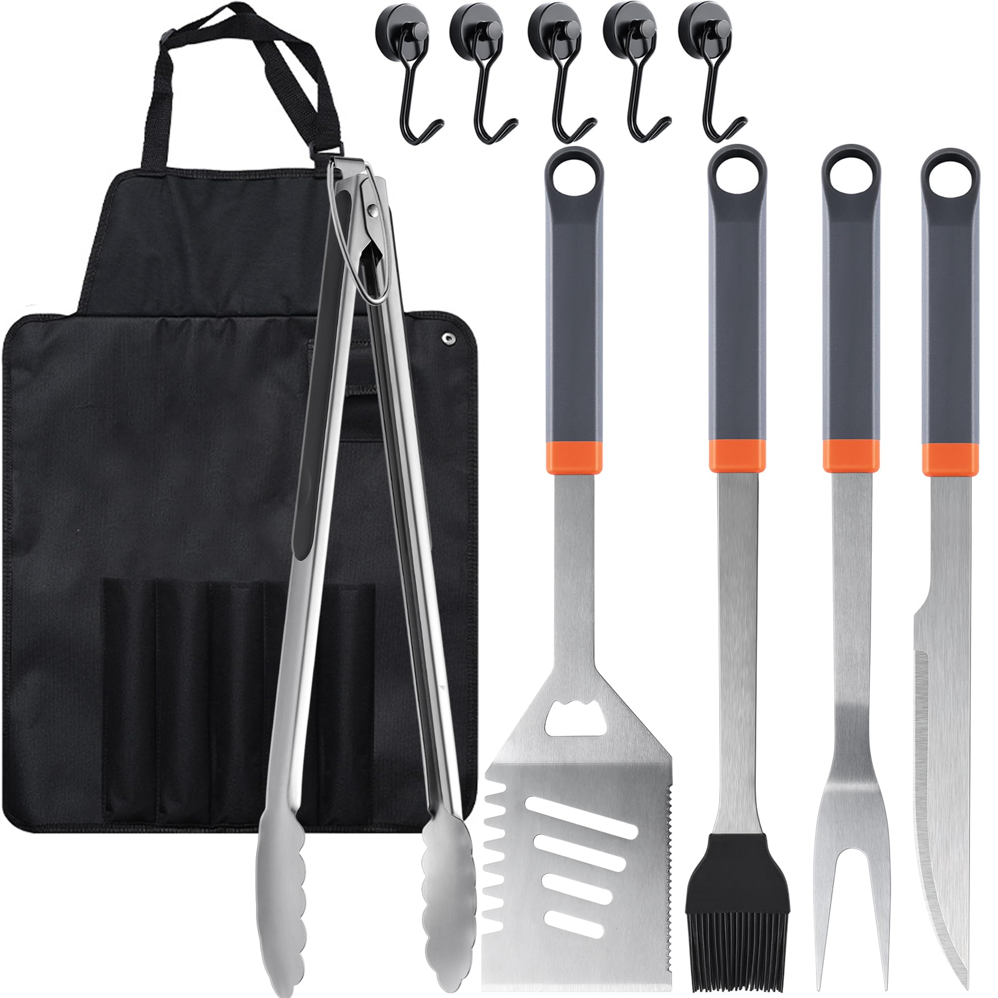 HE-SANQI 11-piece grill tools set ready for organized backyard grilling.