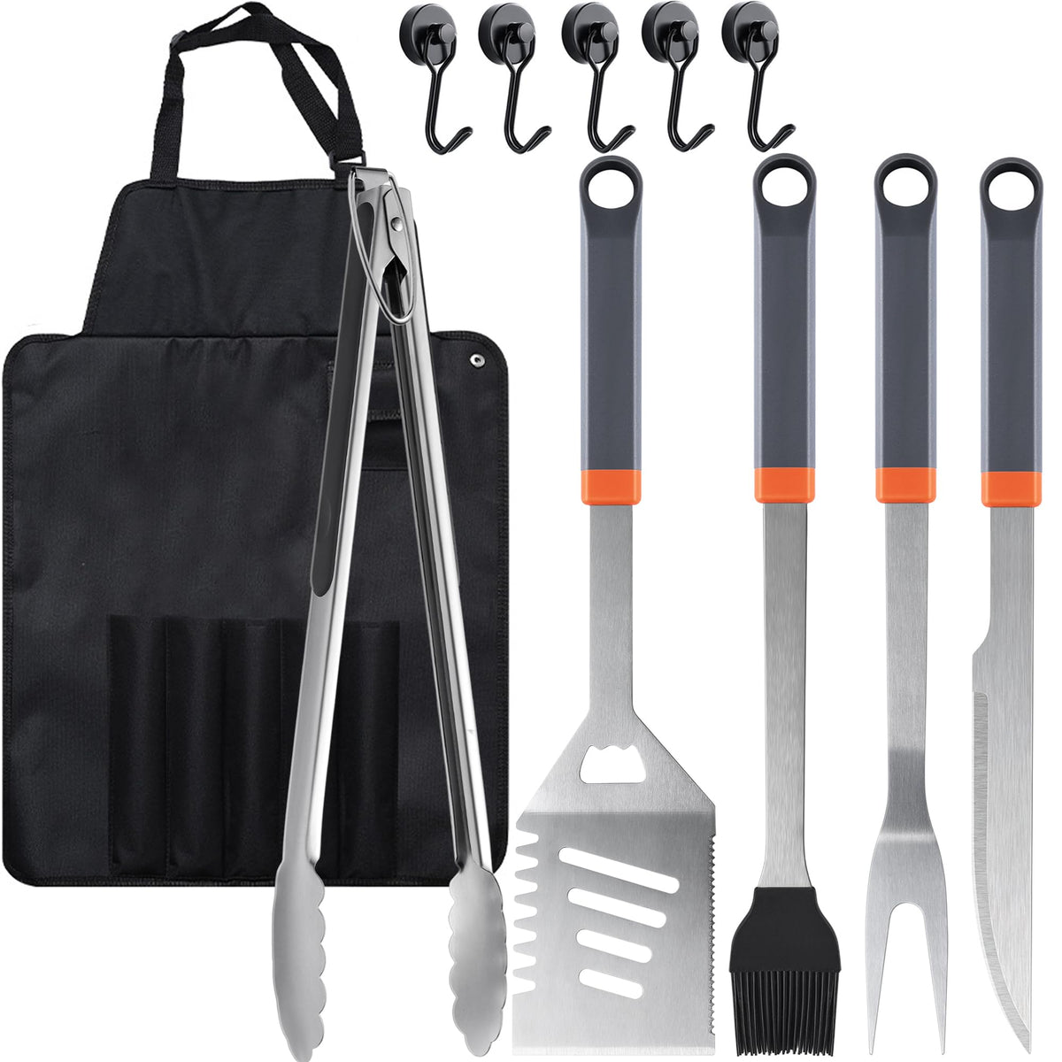 HE-SANQI 11-piece grill tools set ready for organized backyard grilling.