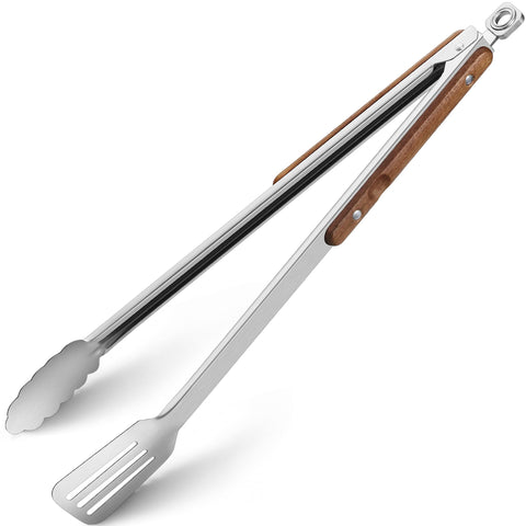 HE-SANQI 16-inch grill tongs with wood handles for safer grilling and extended reach.