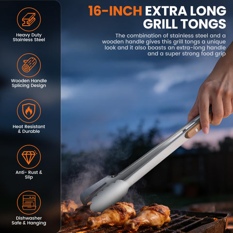 HE-SANQI extra-long BBQ tongs provide control while handling hot foods.