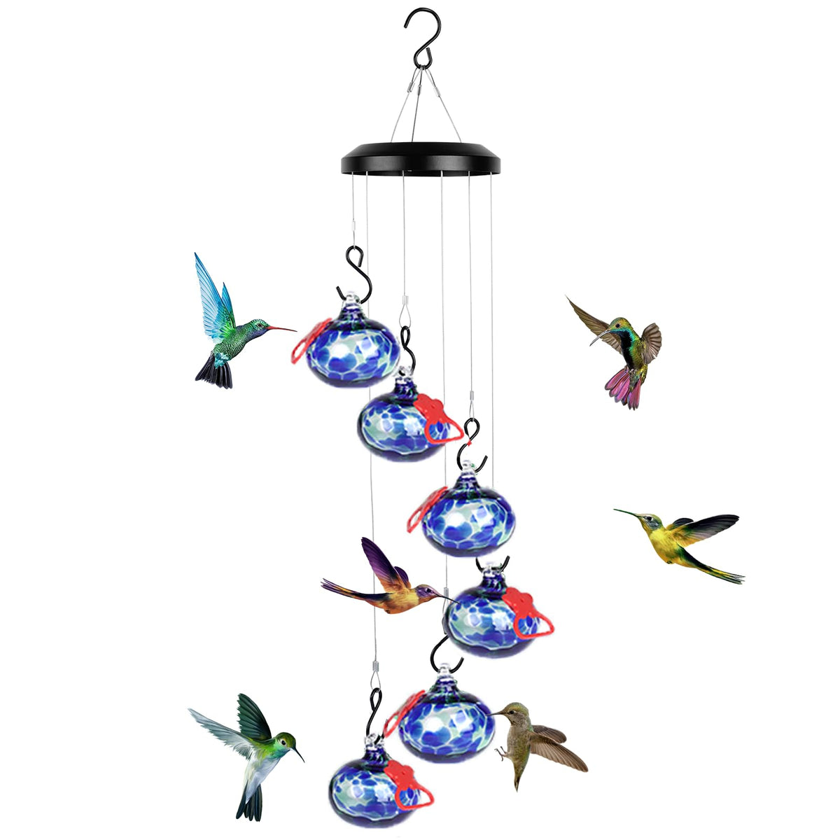 Headak Life wind chime hummingbird feeder in deep blue glass attracting birds outdoors.