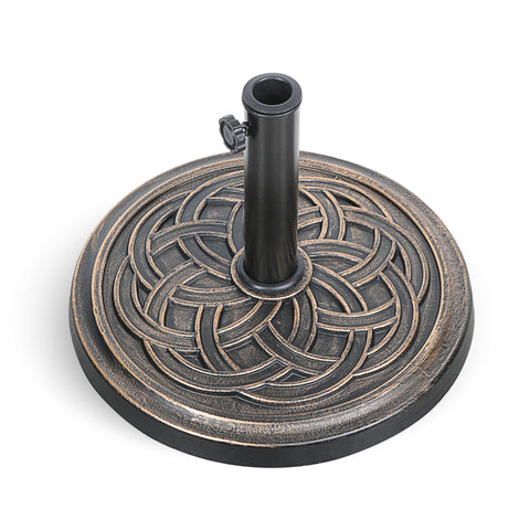 HealSmart bronze round umbrella base viewed from above, durable resin for outdoor shade.