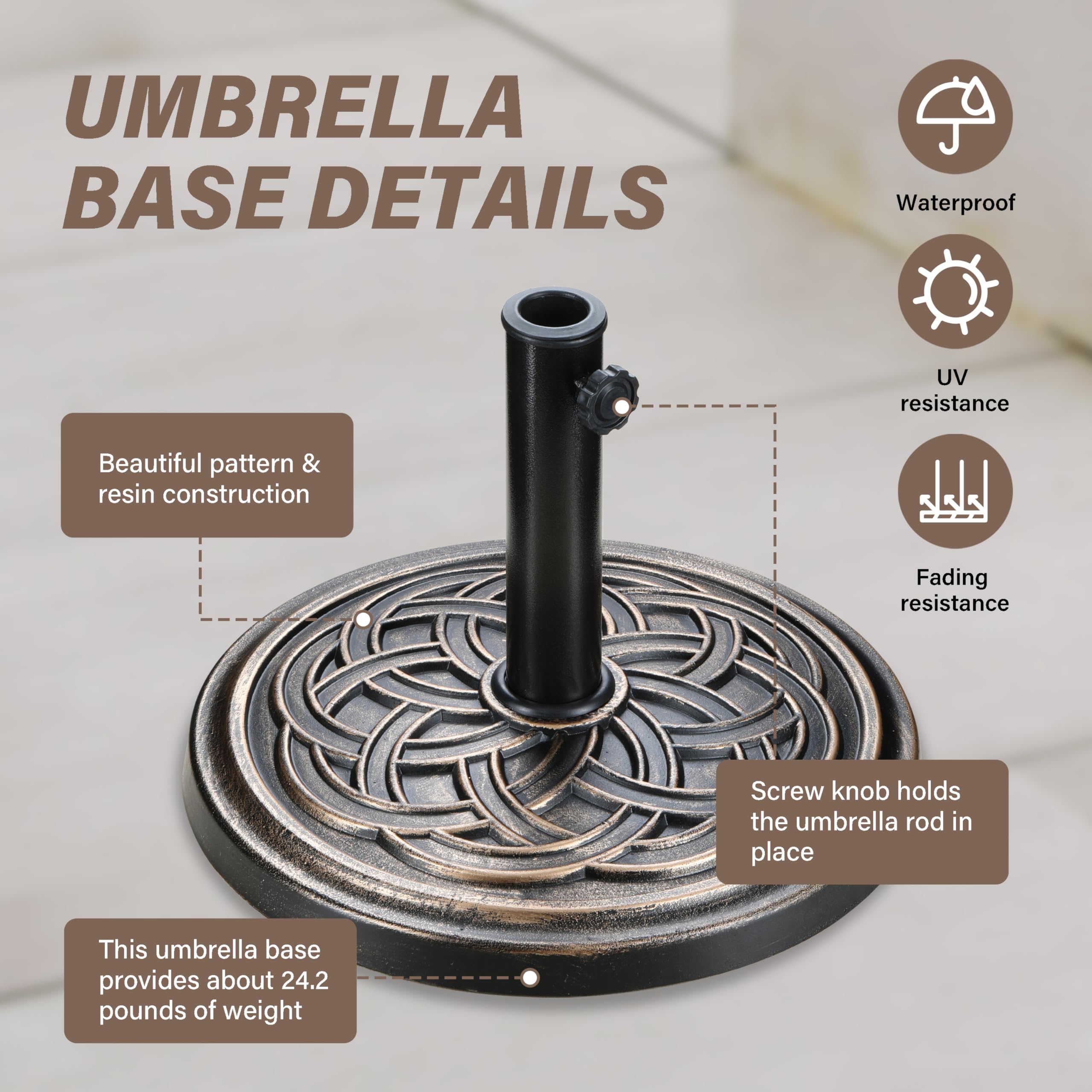 HealSmart umbrella base in use for patios and terraces.