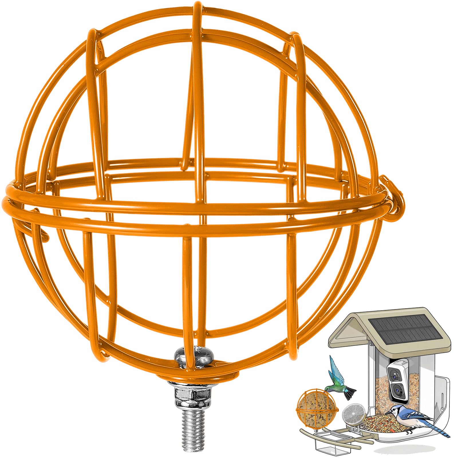 Hearthhub metal suet ball holder orange, front view for outdoor bird feeder.