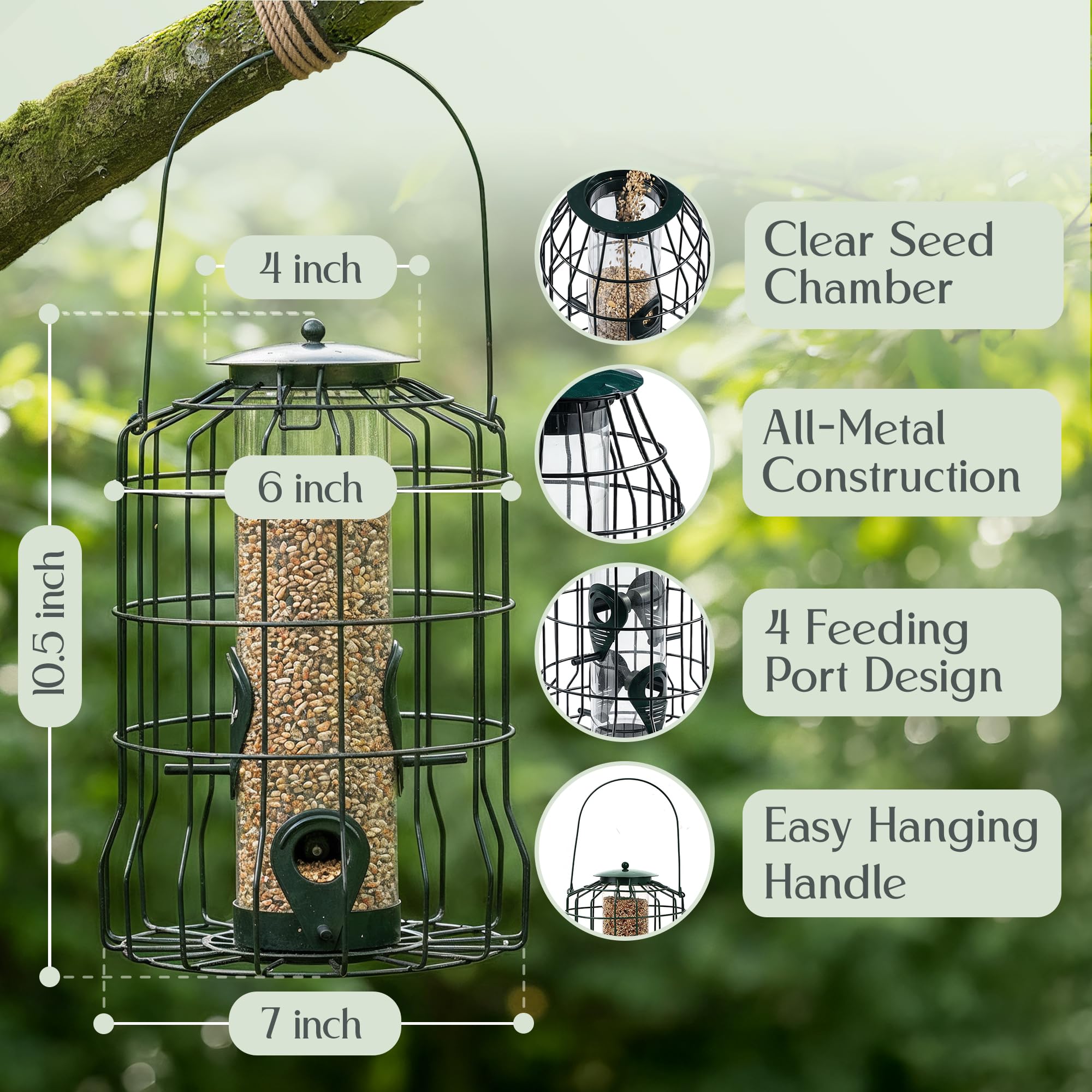 Hearts&Birds coated-plastic housing keeps seeds dry in all weathers.