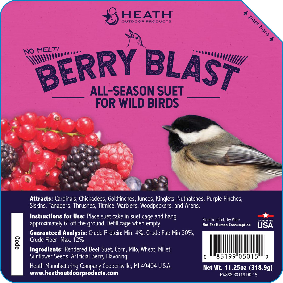 Heath DD-15 Berry Blast suet cake 12-pack front view attracting colorful birds