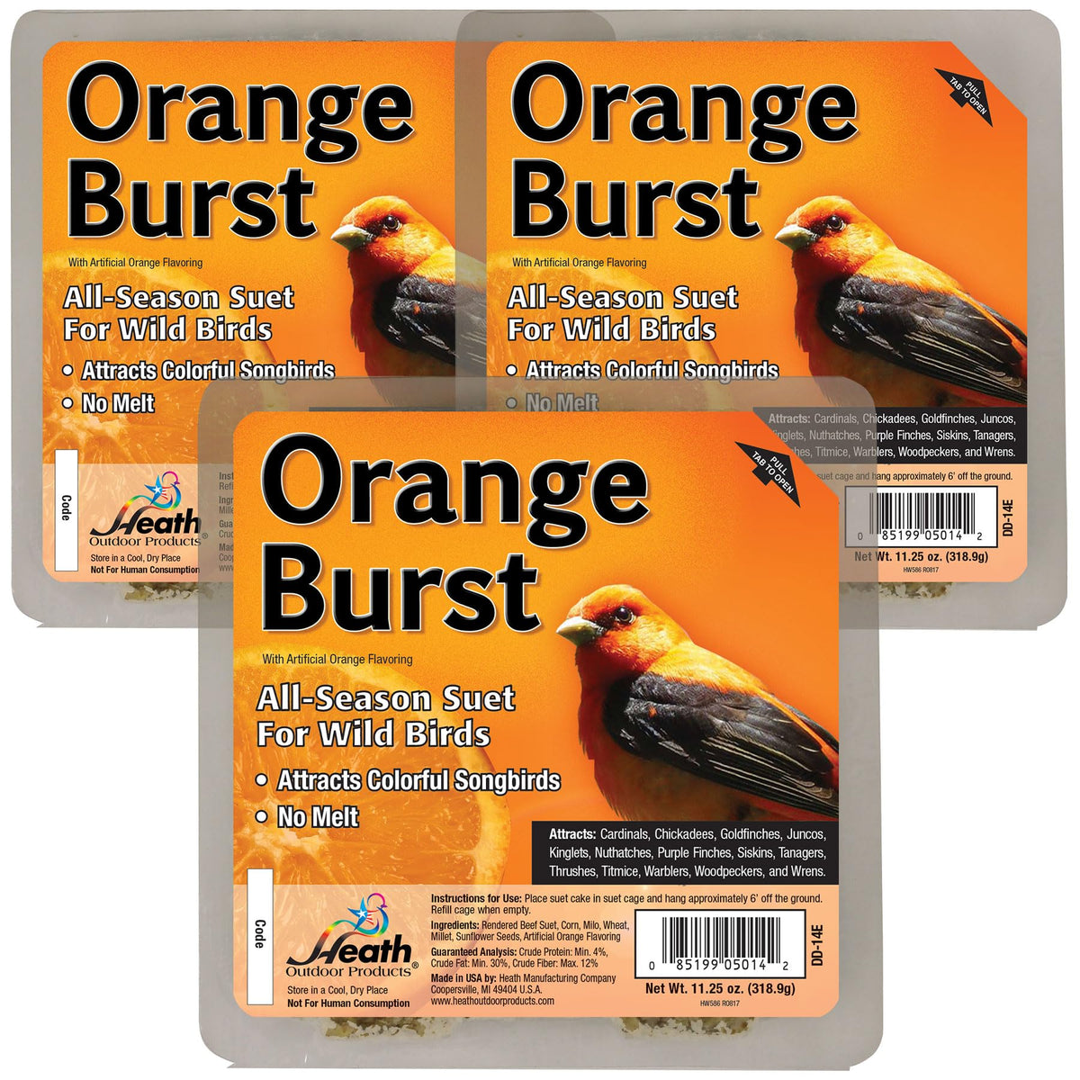 Heath Orange Burst suet cake pack ready for outdoor feeding attracts woodpeckers and songbirds.