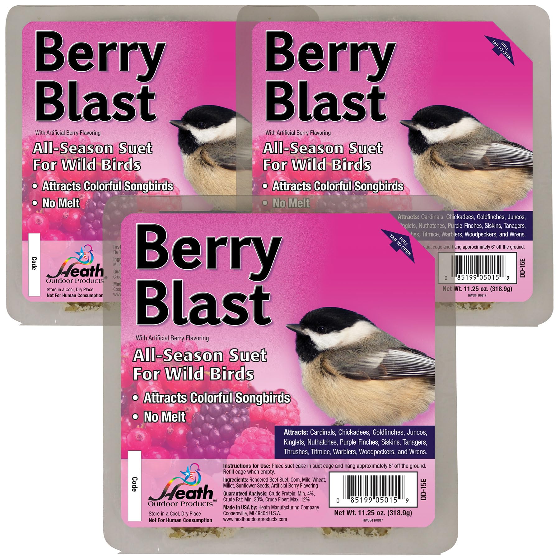 Heath Outdoor Berry Blast Suet Cakes 3-pack for year-round bird feeding with no-melt formula.