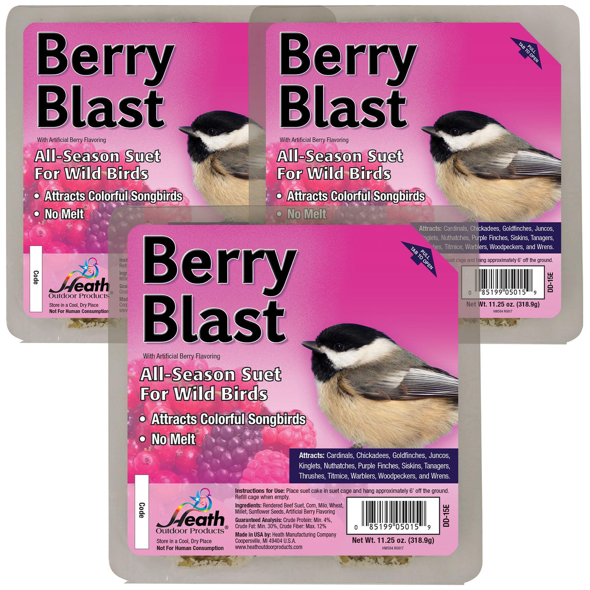 Heath Outdoor Berry Blast Suet Cakes 3-pack for year-round bird feeding with no-melt formula.