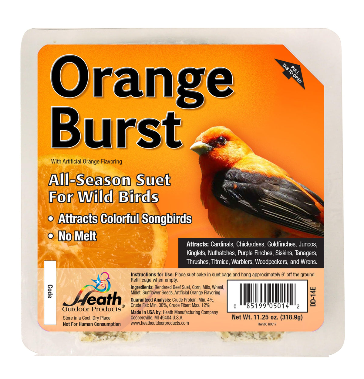 Heath Outdoor Products Orange Burst suet cake pack-10 ready for year-round bird feeding.