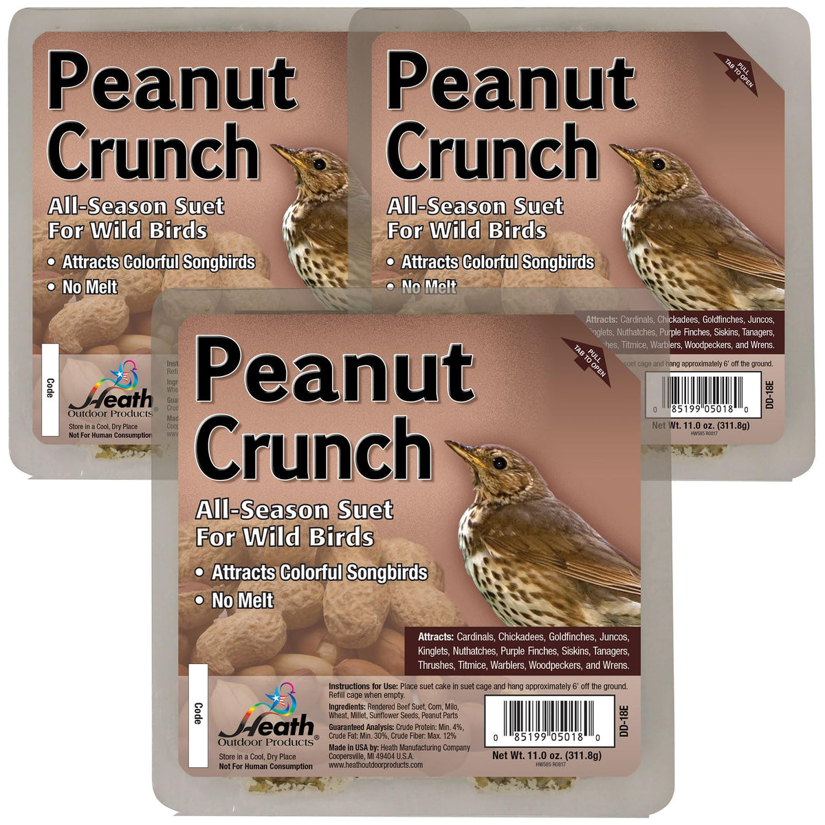 Heath Outdoor Peanut Crunch Suet Cakes 3-pack ready to attract woodpeckers and songbirds.