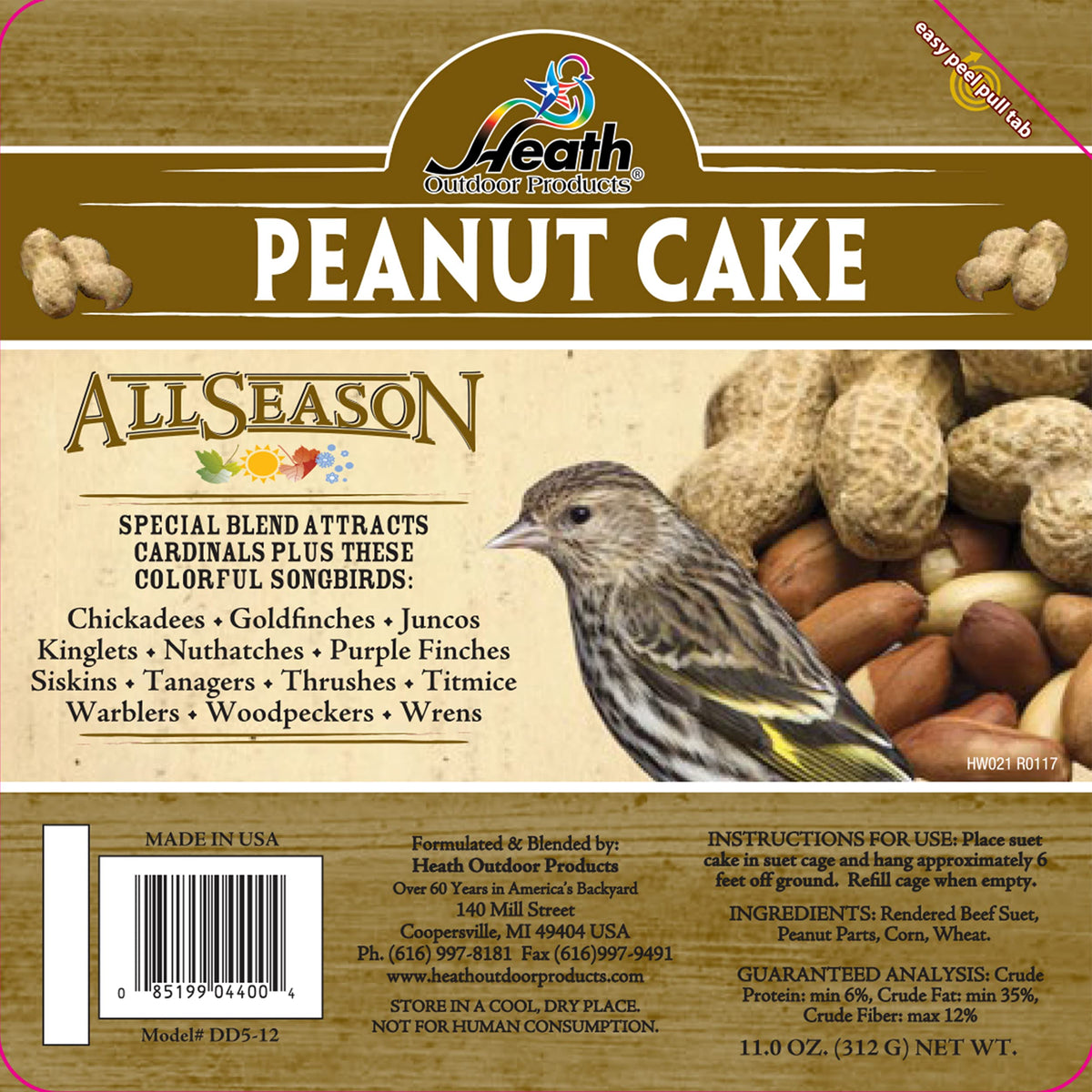 Heath Outdoor DD5-12 suet peanut cake packaging highlights year-round feeding efficiency
